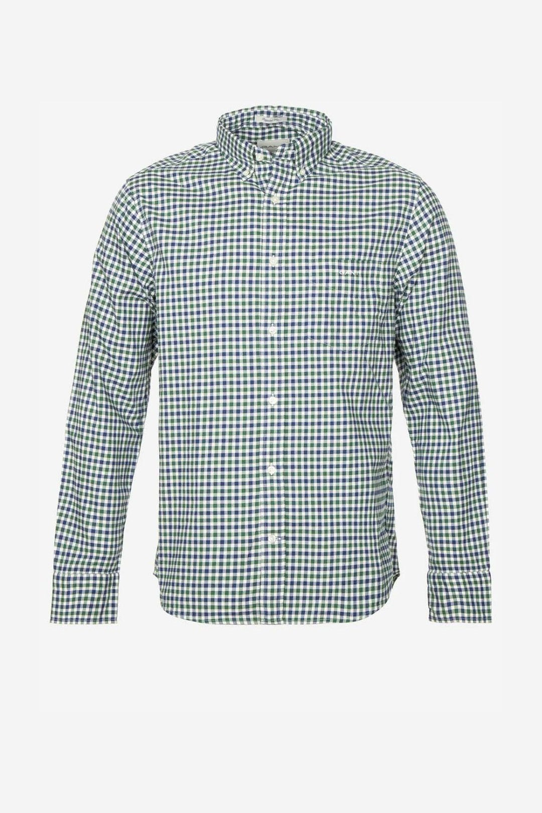 Green and white checkered shirt on a light gray background