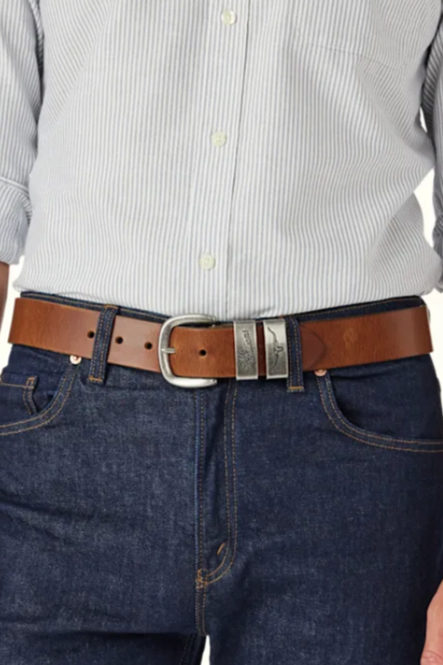 RM Williams Leather Drover Belt Antique Buckle Caramel