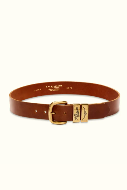 RM Williams Leather Drover Belt Antique Gold Buckle Caramel