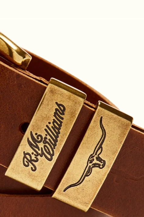 RM Williams Leather Drover Belt Antique Gold Buckle Caramel