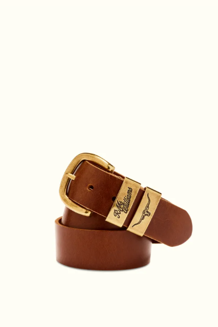 RM Williams Leather Drover Belt Antique Gold Buckle Caramel