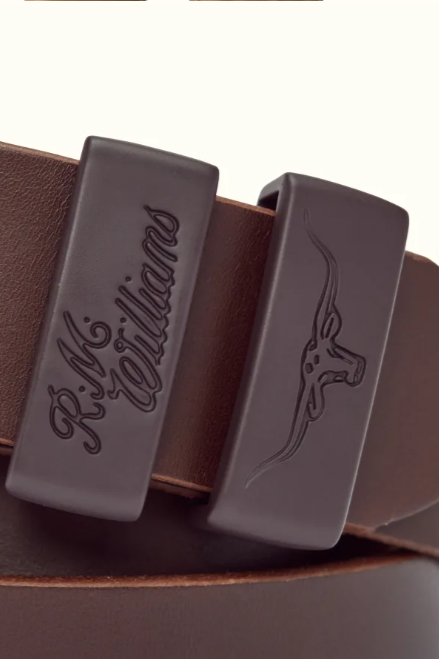 RM Williams Leather Drover Belt Matt Brown Buckle Chocolate