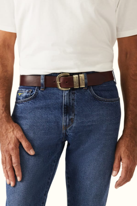 RM Williams Leather Drover Belt Antique Gold Buckle Mid-Brown