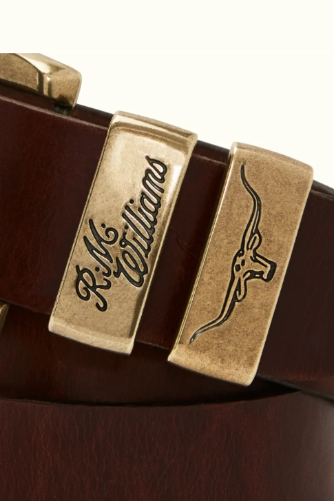 RM Williams Leather Drover Belt Antique Gold Buckle Mid-Brown
