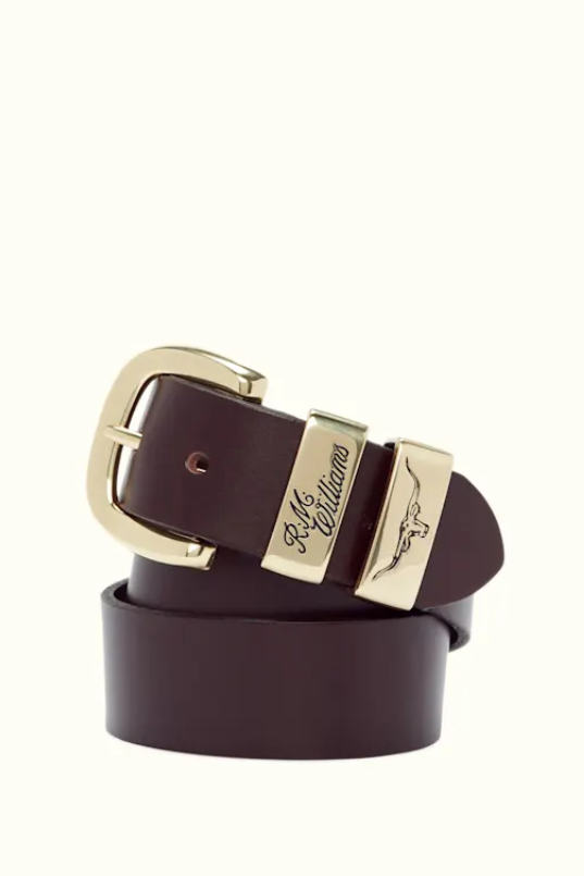 RM Williams Leather Drover Gold Buckle Belt Chestnut