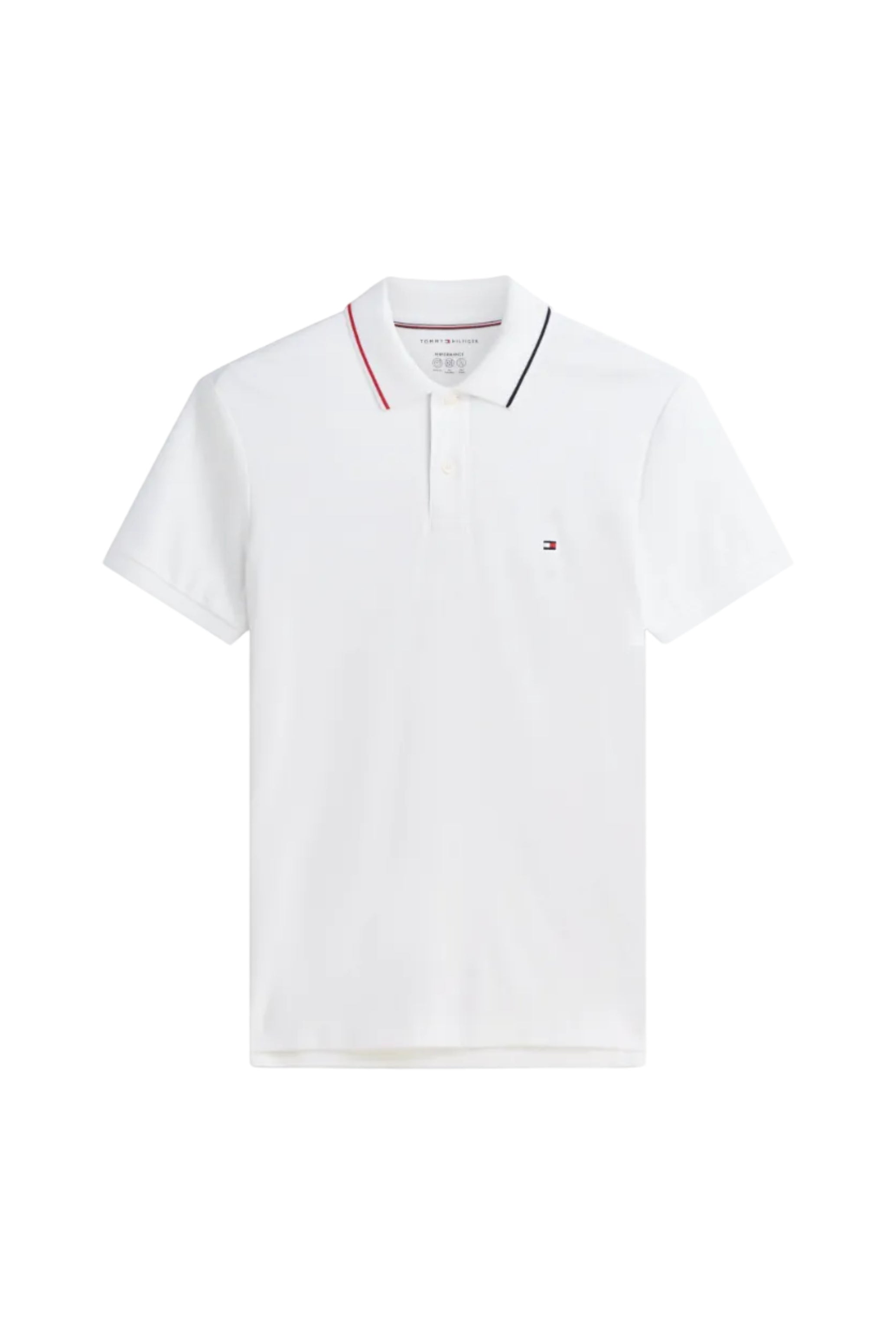 A white short-sleeve polo shirt by Tommy Hilfiger, featuring a classic collar with red and navy blue trim and the signature Tommy Hilfiger flag logo embroidered on the left chest.