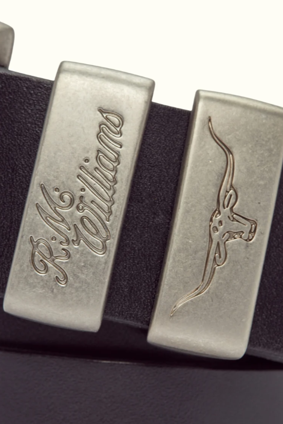 RM Williams Leather Drover Belt Brushed Nickel Buckle Black