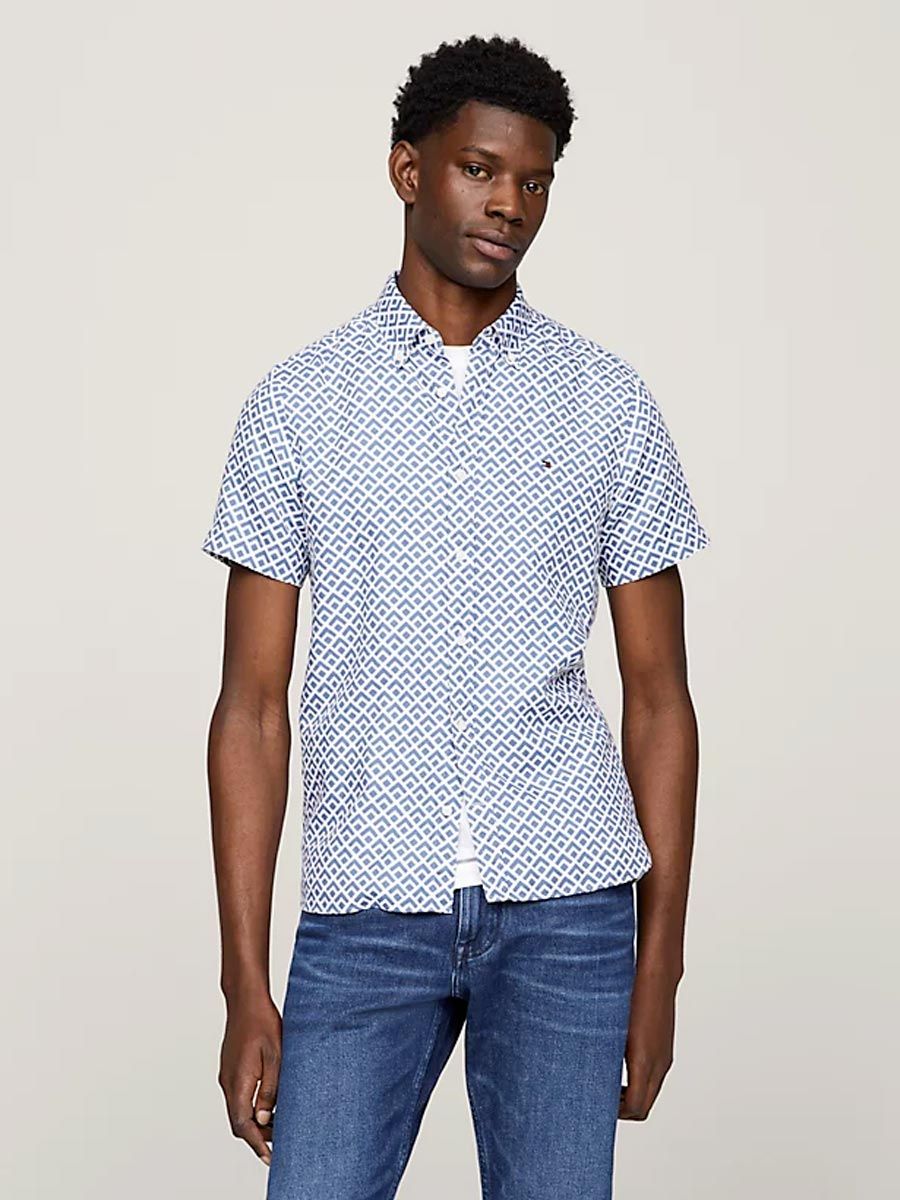 Tommy Hilfiger Slim Fit GEO PRINT Short Sleeve Shirt (35238) Blue White