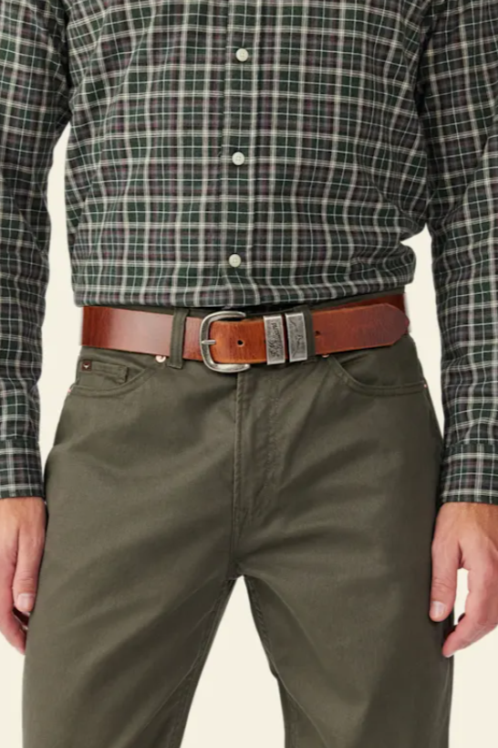 RM Williams Mid-Brown Leather Drover Belt Antique Buckle