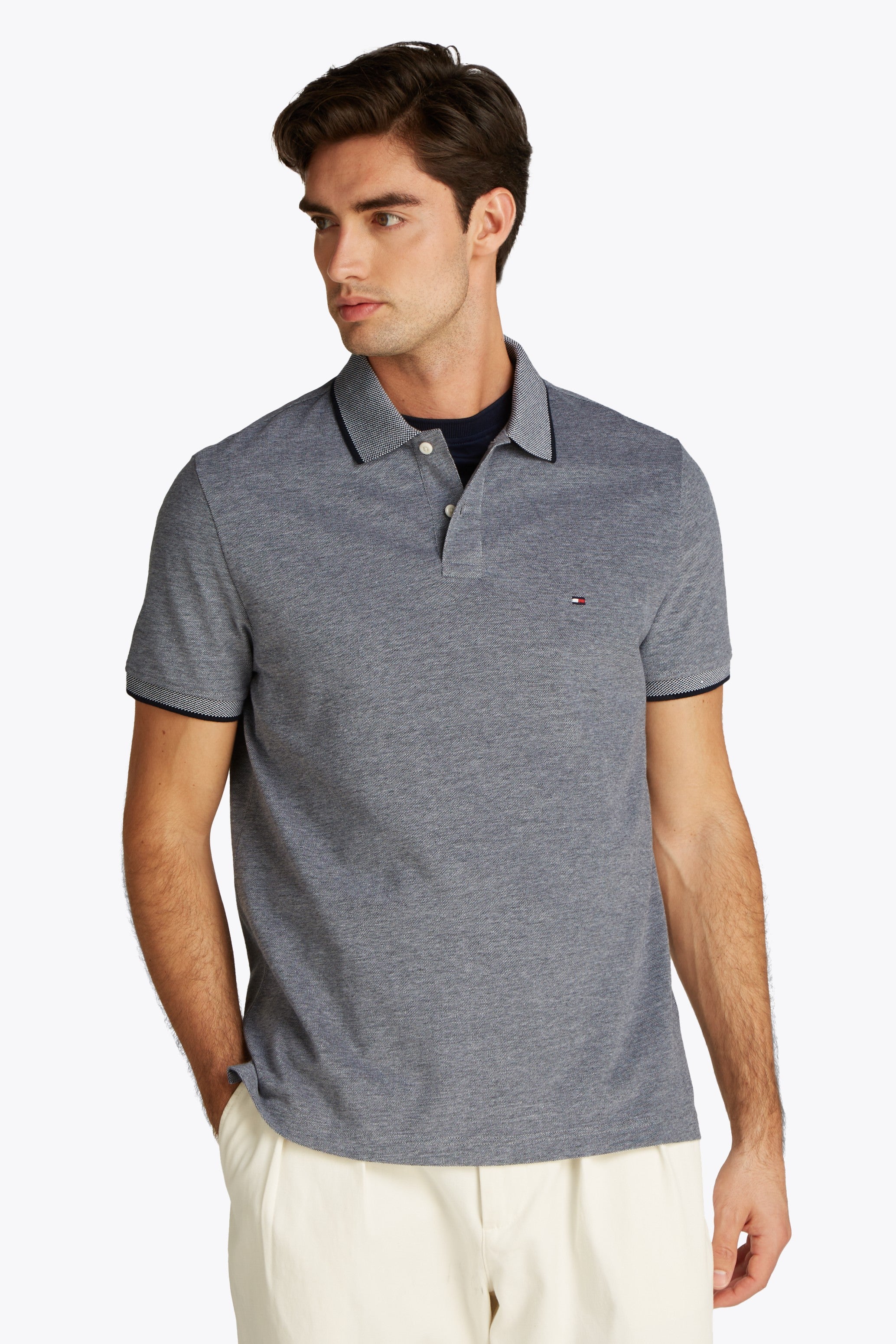 Tommy Hilfiger Two-Tone Polo Shirt – Model Wearing Classic Cotton Polo in Desert Sky Color