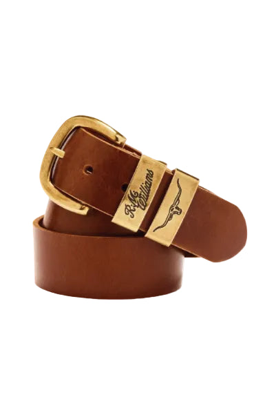 RM Williams Leather Drover Belt Antique Gold Buckle Caramel
